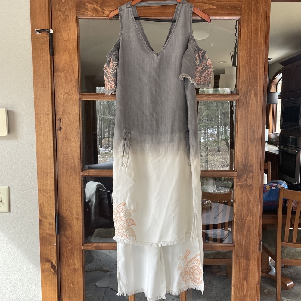 Billy T Gray Shirt‎ Dress Off The Shoulder High Low Embroidery Raw Hem Size XS